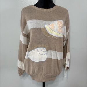 VINTAGE 80s Carole Little Striped Coastal Embroidered Seashell Sweater Size M